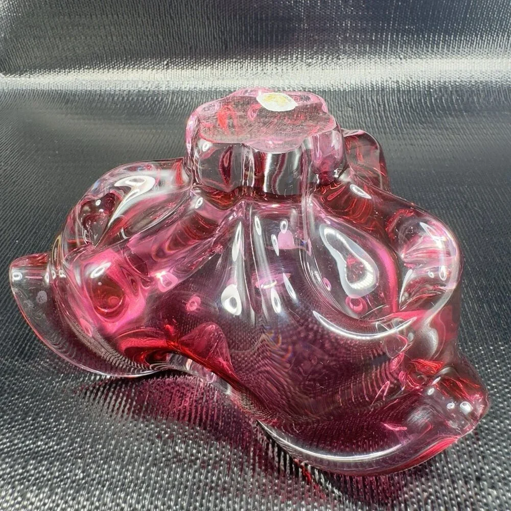 Hand Blown Bohemian Cranberry Art‎ Glass Dish Bowl Folded Edges Original Sticker